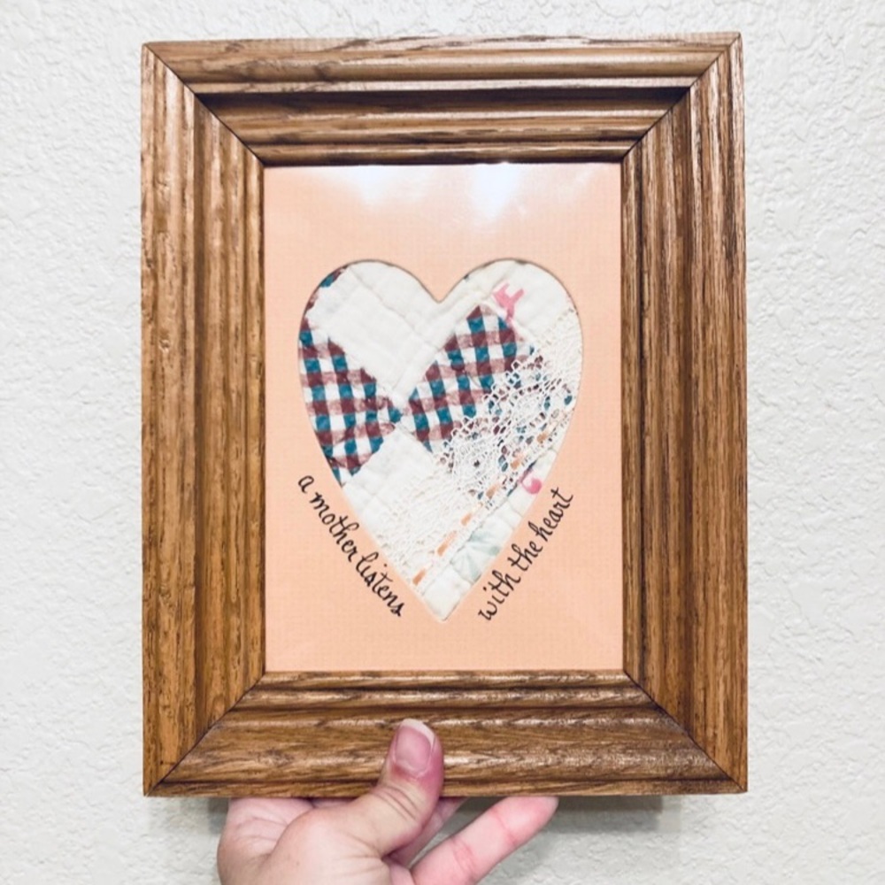 Vintage wooden framed heart quilted art handmade